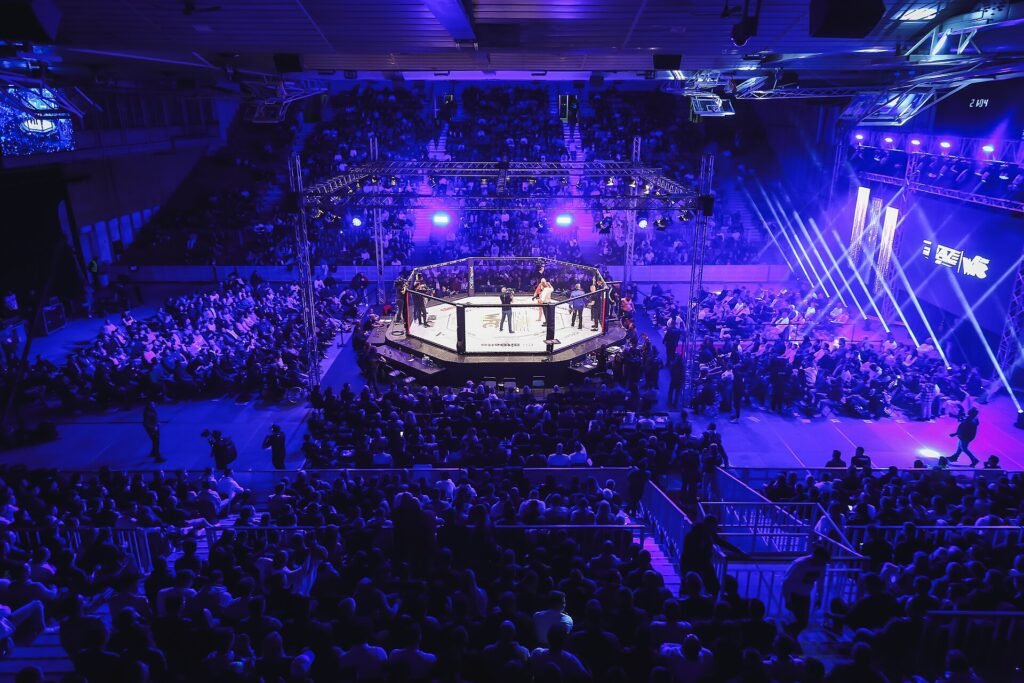 Fight night arena with the cage under the lights
